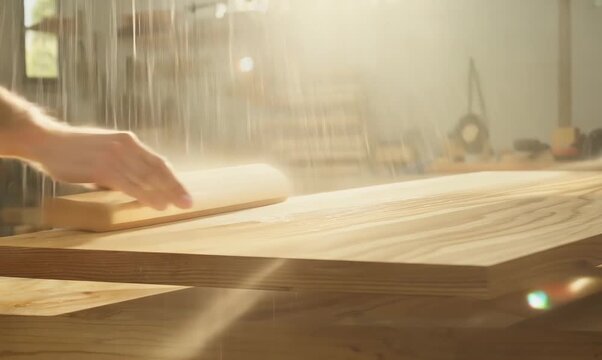 Craftsmanship in Action: Carpenter Sanding Wood in Workshop