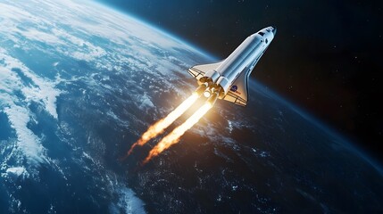 New space rocket lift off. Space shuttle with smoke and blast takes off into space on a background of blue planet earth with amazing sunset. Successful start of a space mission. Travel to Mars