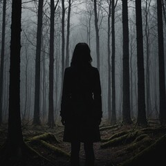 Silhouette of Woman Standing at Edge of Mysterious Forest