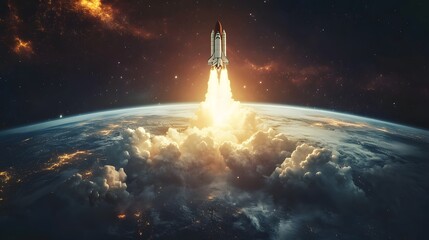 New space rocket lift off. Space shuttle with smoke and blast takes off into space on a background of blue planet earth with amazing sunset. Successful start of a space mission. Travel to Mars