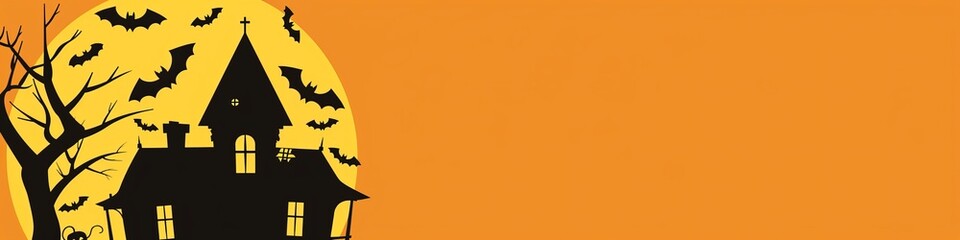 Spooky silhouette of a house with bats flying around a full moon in the background.