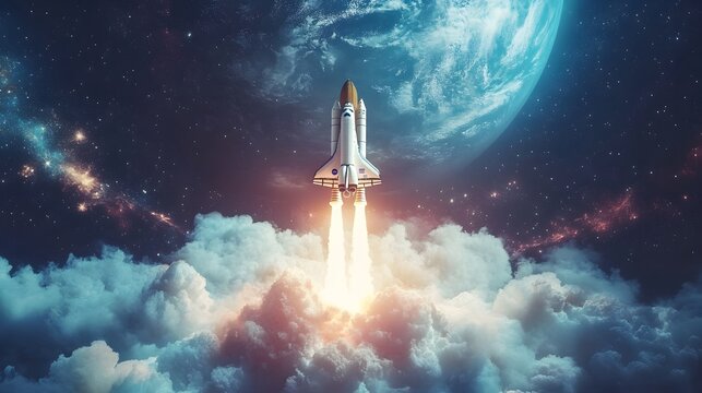 New space rocket lift off. Space shuttle with smoke and blast takes off into space on a background of blue planet earth with amazing sunset. Successful start of a space mission. Travel to Mars