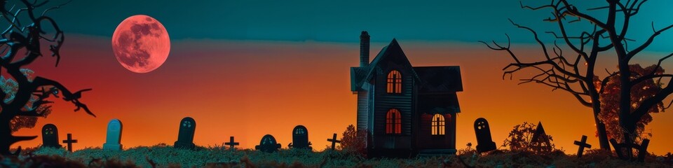 A spooky Halloween scene with a haunted house, a graveyard, and a blood red moon.