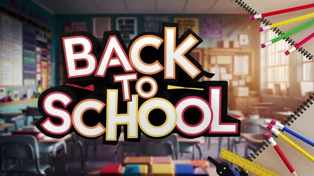 Colorful back to school animation with decorations, stationery and office for the new school year.