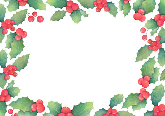 Watercolor Christmas border with holly and mistletoe on transparent background. new year horizontal frame with green leaves, red berries. winter copy space banner for greeting card and invitation