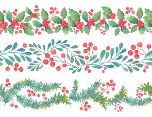 watercolor winter set with seamless patterns. new year header, footer collection with mistletoe, Christmas trees branches, red berries