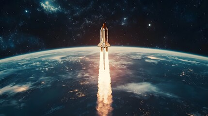 New space rocket lift off. Space shuttle with smoke and blast takes off into space on a background of blue planet earth with amazing sunset. Successful start of a space mission. Travel to Mars