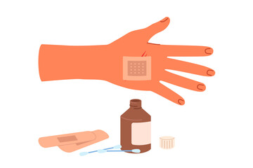 Patch on palm and medicinal ointment in glass bottle help stop bleeding and avoid blood poisoning. First aid patch for person who has been wounded due to careless handling of knife
