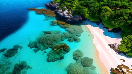 Aerial Photography of a Tropical Beach with Clear Water and Coral Reefs