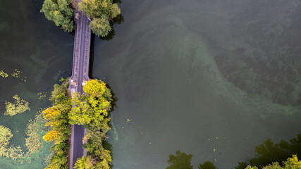 drone aerial view over Spandau Berlin in Germany over river HAvel on a sunny summer evening with...