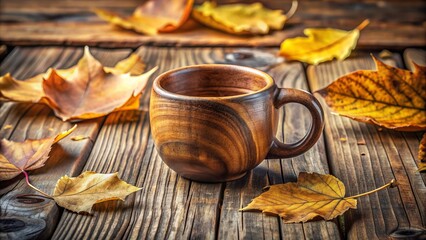 Rustic wooden cup with natural grain and earthy tones, adorned with a small handle, sitting on a weathered wooden tabletop amidst scattered leaves.