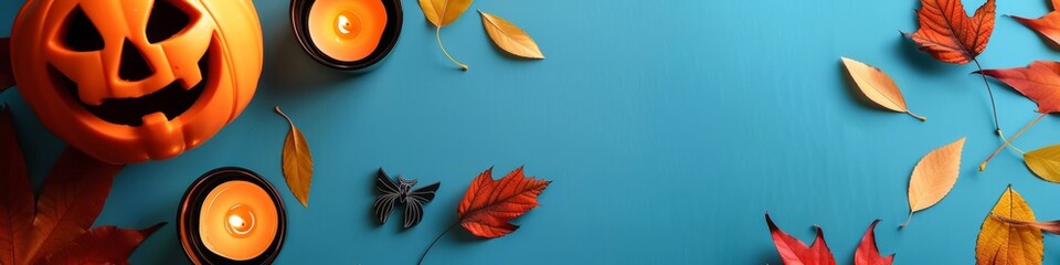 A jack-o-lantern with candles and autumn leaves on a blue background.