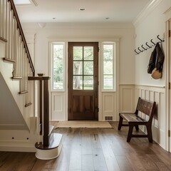 Welcoming entry foyer with a bright, airy ambiance featuring white walls, light hardwood flooring