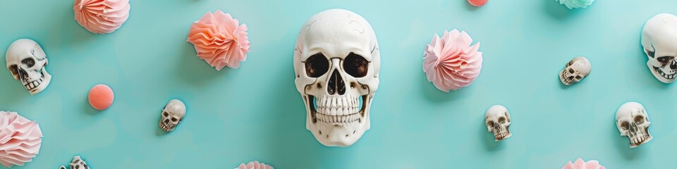 Obraz premium A white skull surrounded by pink and blue meringue flowers on a blue background.