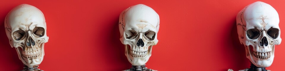 Obraz premium Three skeletal skulls against a bright red background.