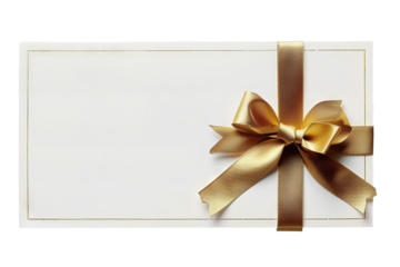 A blank white gift card with a gold ribbon bow or an empty gift signboard on transparent background