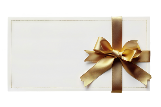 A blank white gift card with a gold ribbon bow or an empty gift signboard on transparent background