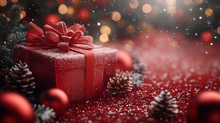 Classic Christmas 3D illustration with a red color palette, adorned with festive gifts, shimmering balls, and twinkling lights, creating a joyful holiday setting.