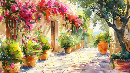 Obraz premium Beautiful watercolor of a Mediterranean garden, blooming bougainvillea, citrus trees, terracotta tiles, soft sunlight