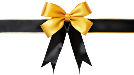 Satin decorative Gold and black ribbon bow for Christmas and birthday present banner on transparent background