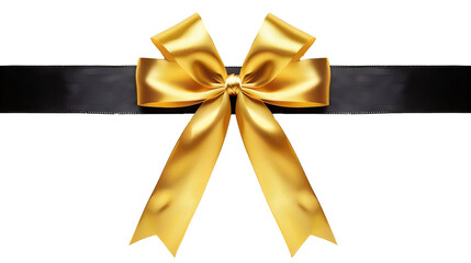 Satin decorative gold and black ribbon bow for Christmas and birthday present banner on transparent background