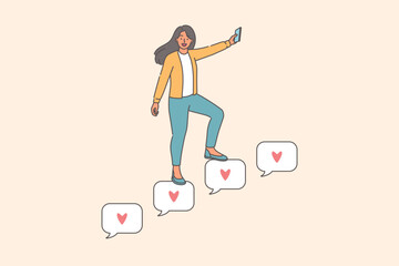 Fototapeta premium Successful woman blogger attracts subscribers and climbs ladder of likes from online fans