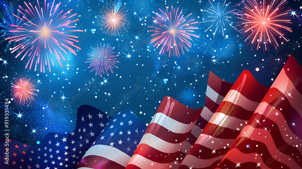 Fototapete happy 4th of july typography with fireworks in happy independence day ai generative