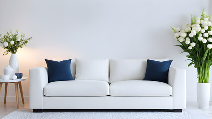 Interior of modern living room with white sofa and flowers