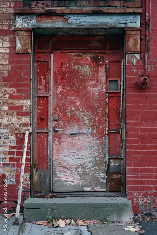 Poster a fire hydrant sits in front of a red door, ready for use