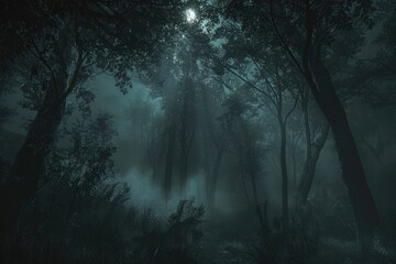 Fototapeta premium dark forest in the fog haunted night