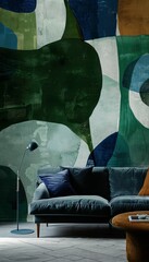 Abstract wallpaper with bold, overlapping shapes deep blues and greens, perfect for a contemporary