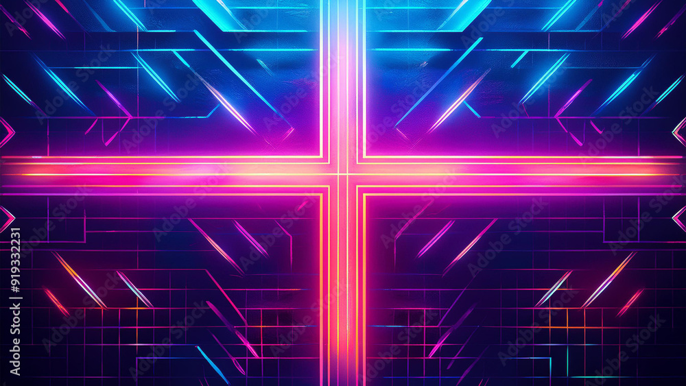 Wall mural a neon cross in a cyberpunk atmosphere on a dark background exposing the cross. 4k illustration