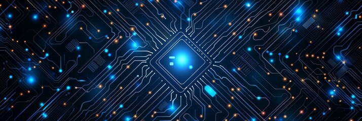 AI chip background a blue tech backdrop with detailed circuit board elements