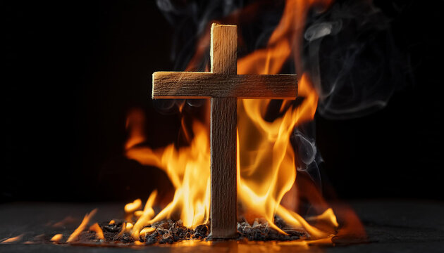 Wooden cross with intense fire flame on dark backdrop. Religion and faith concept.