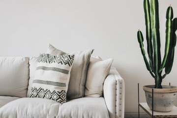 Elegant living room with a white sofa, decorative pillows, armchair, minimalist coffee table