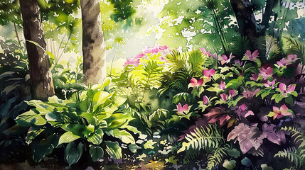 Beautiful watercolor of a shade garden, hellebores, ferns, bright midday sun ,Ultra-High Detail, Ultra-Realistic