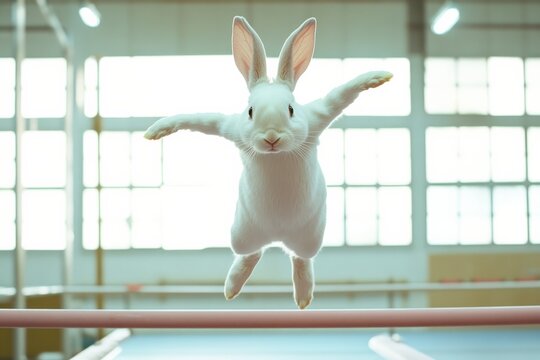 The graceful rabbit leaps elegantly over a beam, showcasing incredible agility and poise in a spacious indoor setting