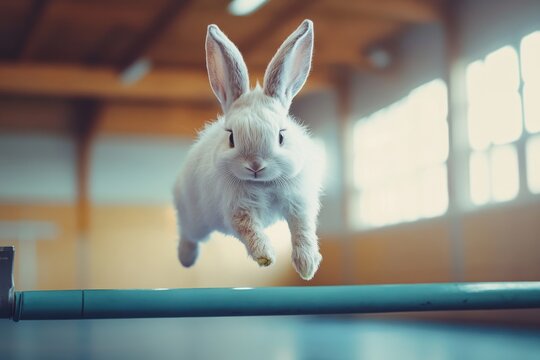 A white-furred rabbit performs an impressive leap over a hurdle in a spacious indoor training area