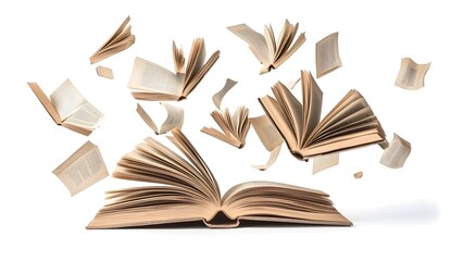 Fototapeta premium Pile of open books flying isolated on white background, real photo
