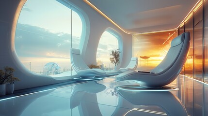 Obraz premium Futuristic interior design featuring sleek furniture and large windows showcasing a stunning sunset view.