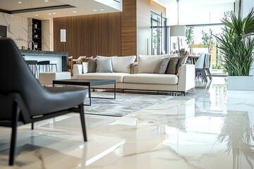 Fototapeta premium Modern living room interior with elegant furniture, polished floor, and bright natural light creating a welcoming atmosphere.