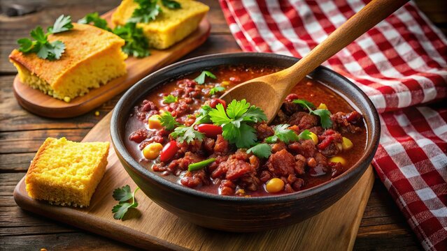 Savory slow-cooked Texas-style chili fills a worn, rustic wooden spoon, garnished with fresh cilantro, lime wedges, and crusty cornbread crumbles on a vintage red checkerboard.