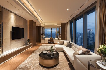 Modern living room with elegant decor, large windows, and panoramic city view, perfect for contemporary lifestyle.