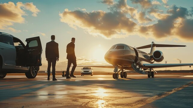 Two men exiting luxury suv and preparing to board private jet for weekend golf getaway at small airport tarmac with scenic travel vibes
