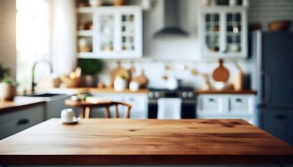 Fototapeta premium Kitchen Background: a blurred out of focus image of a clean kitchen, and a big wooden table in front of the image