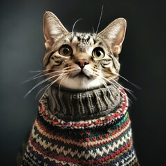 Cat wearing a colorful sweater against a dark background