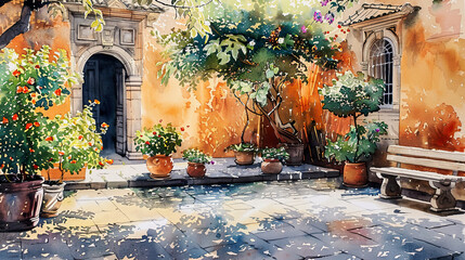 Detailed watercolor of a courtyard garden, potted plants, stone benches, warm afternoon glow ,Ultra-High Detail, Ultra-Realistic