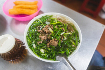 pho bo soup with beef, Pho bo Vietnamese food, rice noodle soup with sliced beef. Vietnamese fresh rice noodle soup with beef. Vietnam's national dish