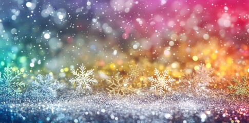 Obraz premium A colorful background with glittering snowflakes and white space for text.