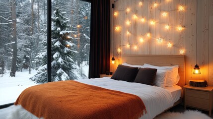 This cozy bedroom features orange bed sheets, warm lighting, and a fluffy rug, perfect for creating a relaxing space with a festive touch